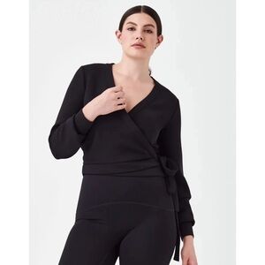 Spanx AirEssentials Black Ballet Wrap Top Elevated Athleisure Model Off Duty 1X